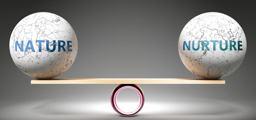Nature and nurture in balance - pictured as balanced balls on scale that symbolize harmony and equity between Nature and nurture that is good and beneficial., 3d illustration - obrazy, fototapety, plakaty