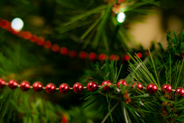 Fototapeta na wymiar Chain of little red balls in a christmas tree