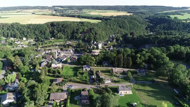 Aerial view of Durbuy Castle, world heritage located in Belgium, province of Luxembourg in the Wallonia region. Beautiful landscape with river, sunny weather during summer season.