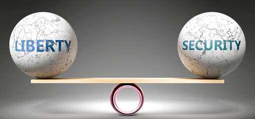 Liberty and security in balance - pictured as balanced balls on scale that symbolize harmony and equity between Liberty and security that is good and beneficial., 3d illustration