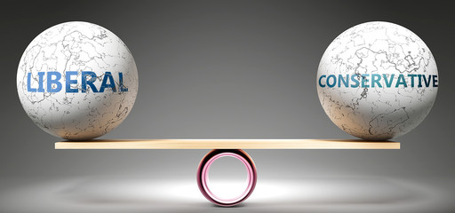 Liberal and conservative in balance - pictured as balanced balls on scale that symbolize harmony and equity between Liberal and conservative that is good and beneficial., 3d illustration - obrazy, fototapety, plakaty