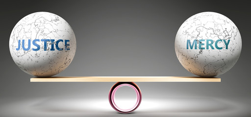 Justice and mercy in balance - pictured as balanced balls on scale that symbolize harmony and equity between Justice and mercy that is good and beneficial., 3d illustration - obrazy, fototapety, plakaty