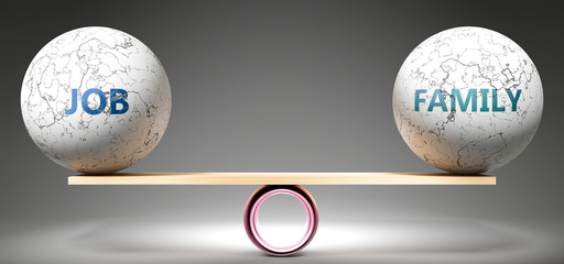 Job and family in balance - pictured as balanced balls on scale that symbolize harmony and equity between Job and family that is good and beneficial., 3d illustration