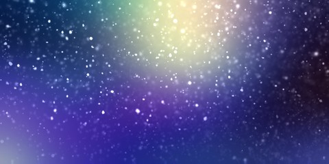 Winter night magic flare banner. Dark lilac blue purple background. Bright flash. Fluffy snow shimmer pattern. Xmas outdoor decoration. Impressive festive illustration.