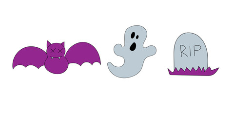 Halloween set of vector cartoon objects: purple bat, ghost and grave.