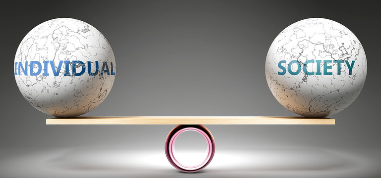 Individual and society in balance - pictured as balanced balls on scale that symbolize harmony and equity between Individual and society that is good and beneficial., 3d illustration