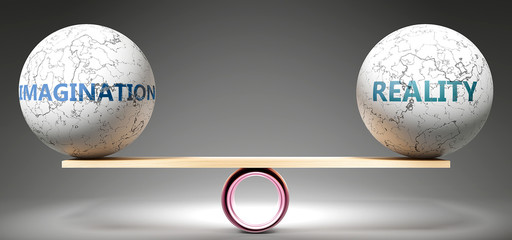 Imagination and reality in balance - pictured as balanced balls on scale that symbolize harmony and equity between Imagination and reality that is good and beneficial., 3d illustration