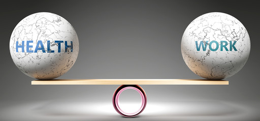 Health and work in balance - pictured as balanced balls on scale that symbolize harmony and equity between Health and work that is good and beneficial., 3d illustration