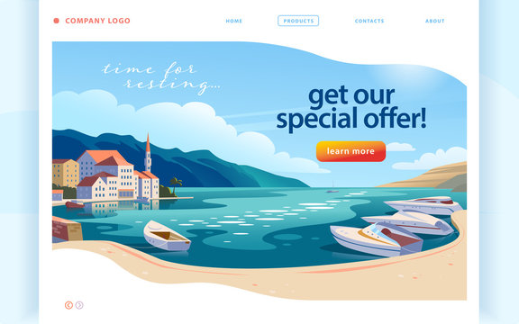 Vector landing page design template with beautiful flat summer europe seacoast yacht town landscape illustration. Special offer, vacation discount banner concept. For travel agency, touristic firm.