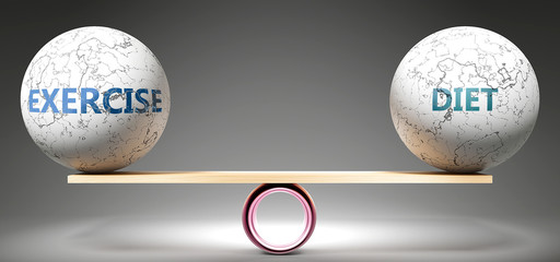 Exercise and diet in balance - pictured as balanced balls on scale that symbolize harmony and equity between Exercise and diet that is good and beneficial., 3d illustration - obrazy, fototapety, plakaty