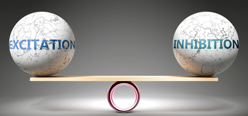 Excitation and inhibition in balance - pictured as balanced balls on scale that symbolize harmony and equity between Excitation and inhibition that is good and beneficial., 3d illustration