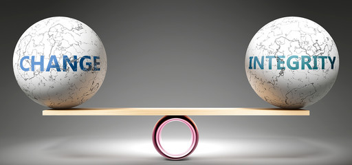 Change and integrity in balance - pictured as balanced balls on scale that symbolize harmony and equity between Change and integrity that is good and beneficial., 3d illustration