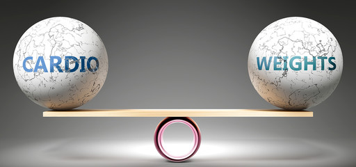 Cardio and weights in balance - pictured as balanced balls on scale that symbolize harmony and equity between Cardio and weights that is good and beneficial., 3d illustration