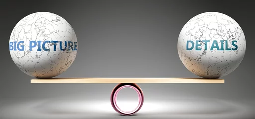 Foto op Plexiglas Big picture and details in balance - pictured as balanced balls on scale that symbolize harmony and equity between Big picture and details that is good and beneficial., 3d illustration © GoodIdeas