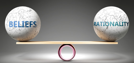Beliefs and rationality in balance - pictured as balanced balls on scale that symbolize harmony and equity between Beliefs and rationality that is good and beneficial., 3d illustration