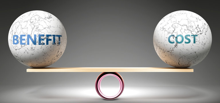 Benefit and cost in balance - pictured as balanced balls on scale that symbolize harmony and equity between Benefit and cost that is good and beneficial., 3d illustration