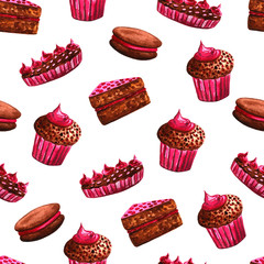 Set of chocolate sweets: donut, cake, cookies, cupcake, woopie pie, macarons. Hand drawn watercolor illustration