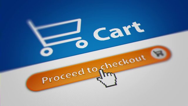 Mouse Cursor Clicking "Proceed to Check Out" Button. Online Shopping Checkout Process. 