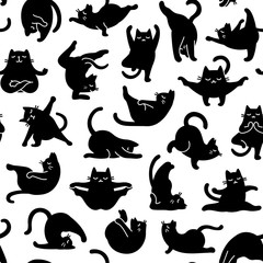 Cartoon Doodle Comic Vector Seamless Tileable Pattern And Background  Of Zen Meditating Black Cats In Yoga Pose and Asana, Namaste