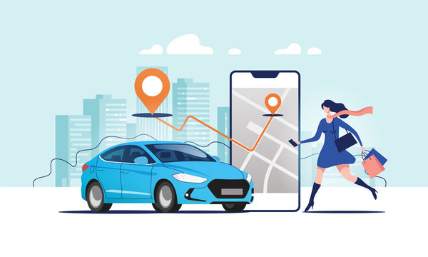 Online ordering taxi car, rent and sharing using service mobile application. Woman near smartphone screen with route and points location on a city map on the car and urban landscape background.