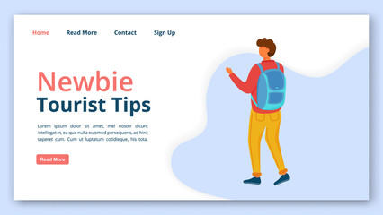 Newbie tourist tips landing page vector template. Advices for beginners travelers website interface idea with flat illustrations. Tour operator homepage layout. Web banner, webpage cartoon concept