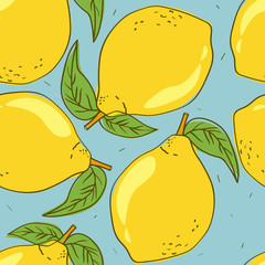 Fresh lemons, background. Hand drawn overlapping backdrop. Colorful wallpaper vector. Seamless pattern with citrus fruits. Decorative illustration, good for printing