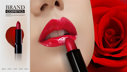 Obraz premium woman lips with red lipstick on rose background.Lipstick make up beauty product illustration.