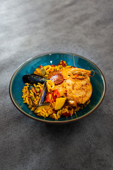Prawn with rice - closeup of prawn with rice - traditionnal spanish food paella.