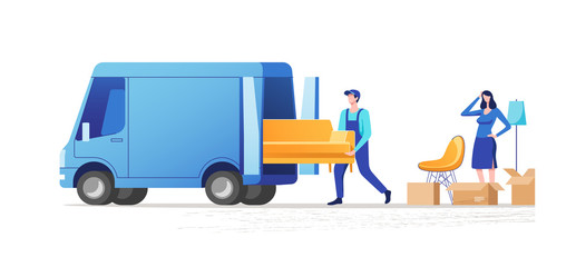 Moving house. Woman packing stuff to move to new house or apartment. Men carrying sofa. Vector illustration.
