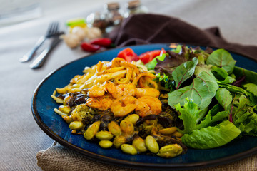 Pasta with Shrimp Dinner Dish on a the table