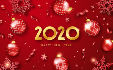 Happy New Year 2020. Background with shining numerals and ribbons. New year and Christmas card illustration on red background. Holiday illustration of golden numbers 2020