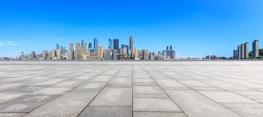 Empty floor and modern city financial district skyline in Chongqing,China.