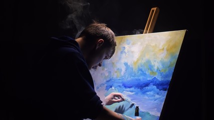 Artist copyist paint seascape with ship in ocean. Vaper smoke vape e-cigarette. Craftsman decorator...