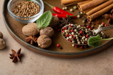 Variety of spices on plate close-up