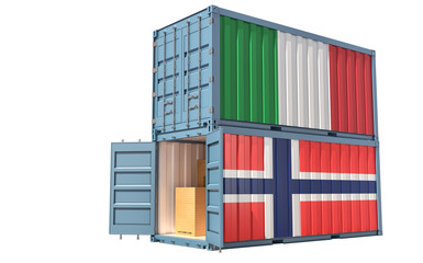 Fototapeta premium Two freight container with Italy and Norway flag. Isolated on white - 3D Rendering