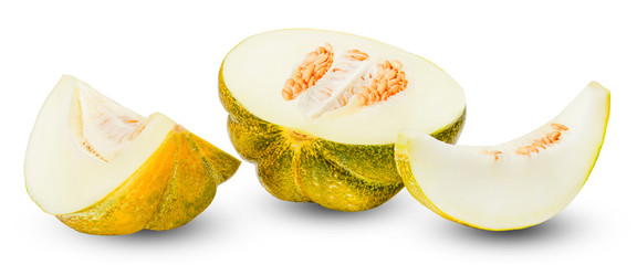 Half and two quarters of ripe Ethiopian melon isolated on white background. Work with the form. Clipping path.