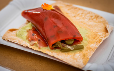 Asparagus toast with gelled paprika wrap