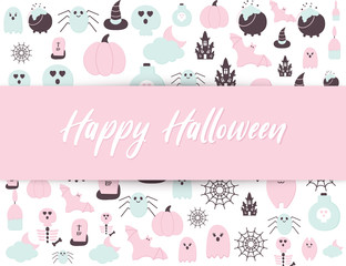 Happy Halloween cute poster with Helloween party icons and text. Pastel Pink Blue color Halloween scary ghost, pumpkin, haunted house, bat, tomb, skull, spider net. Seasonal.