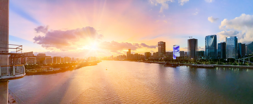 Aerial panoramic cityscape view of Fuzhou and the River Min at sunset,Fujian,China