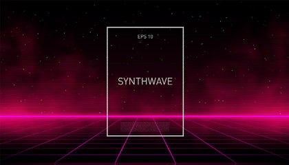 Synthwave pink cyber laser grid with glowing fog and horizon on starry space background. Design for poster, cover, wallpaper, web, banner, etc.