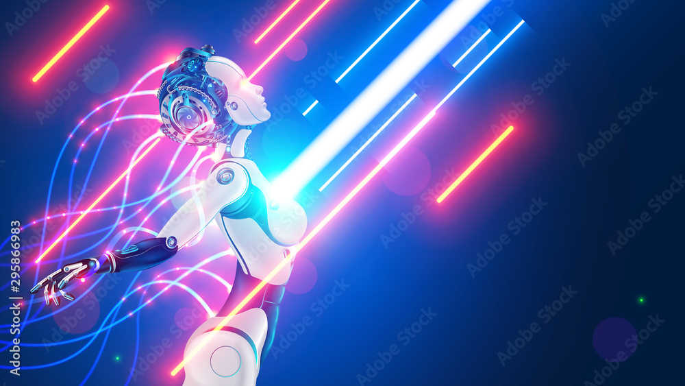 Poster Robot or cyborg with wires sticking out is in the flow of digital information. Beautiful female cybernetic humanoid organism with artificial intelligence. Automaton or machine with AI processes data.