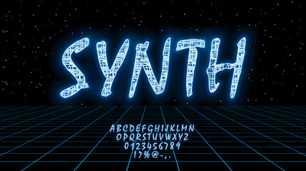 Retrofuturistic HUD blue vector font design for synthwave. English letters and numbers with hologram effect. Digital hi-tech style symbols. Typography design for headlines, labels, posters, cover. Eps
