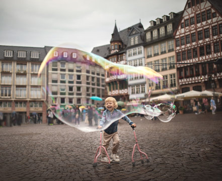 Disabled little girl in a big city.