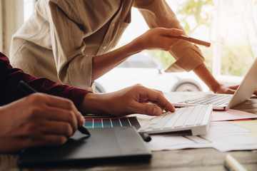 Web designer meeting  planning application for mobile phone. Design Online Technology Content, Ideas Proposal Strategy Tactics Vision Design Concept