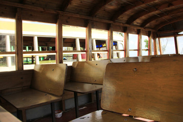 Obraz na płótnie Canvas The interior of a local Samoan Bus. Close up of a wooden interior.