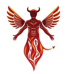 Vector individual, mystic character made with wings and emerging from fire. Demonic infernal creature, horned wicked Lucifer.