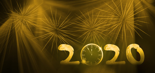 New Year background. 2020 new Year background with clock and fireworks.