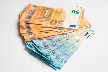 Euro money value of 50 20 bundle on white background