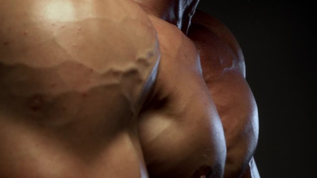 Fitness tanned guy showing muscles, close up