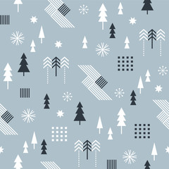 Seamless Christmas pattern with stylized snowflakes, trees, geometric shapes, fabric design or gift paper, wrapping print